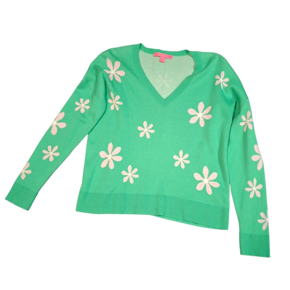 Lilly Pulitzer Green Cotton Tensley Floral  Jacquard Sweater  Women Size Medium